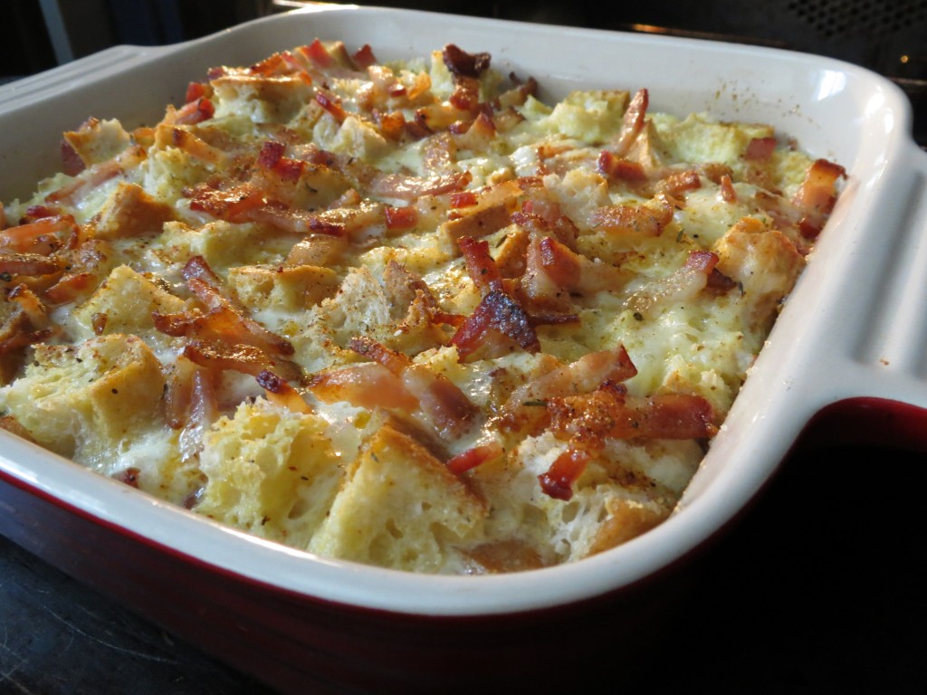 Bacon and egg strata, baked to perfection, hot out of the oven.