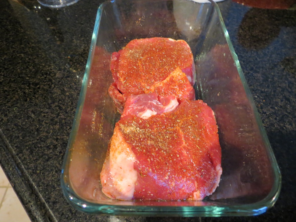 Two filet mignons, resting on the counter before being grilled to perfection.  I can't think of a better Saturday night supper.  Nor can Meat and Tater Man.