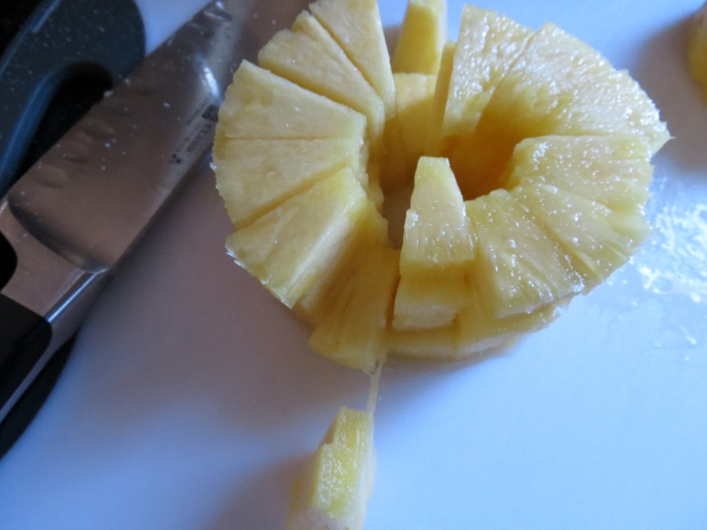 When the pineapple is peeled and cored, the chopping is easy.