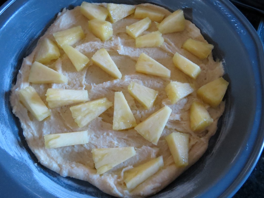 The cake has two layers of batter and fresh pineapple, for an even distribution of fruit throughout the cake.