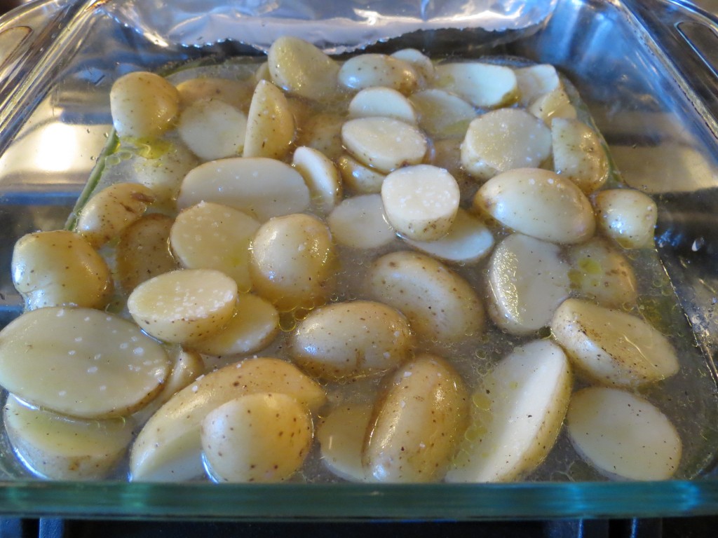 Baby potatoes will work exceptionally well here, but Jill uses regular potatoes that she slices thinly.  The choice is yours.