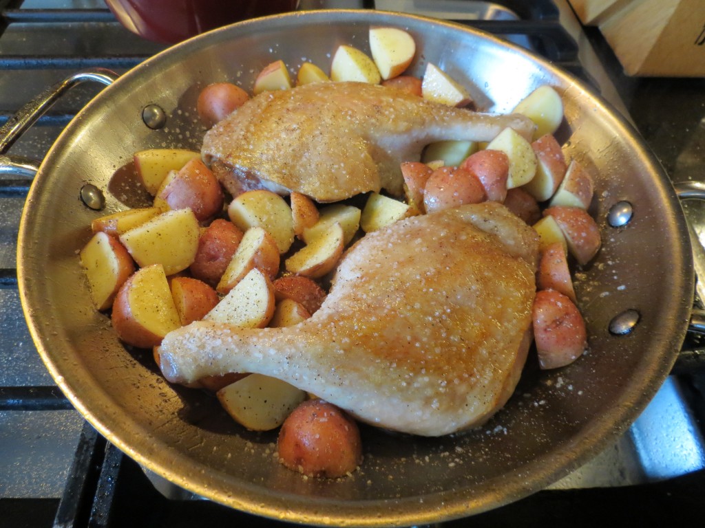 Duck legs rendered.  Potatoes added.  One hour until your best meal ever.  Time for some wine and relaxation.
