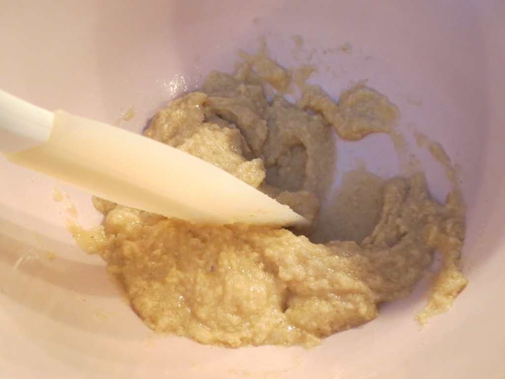 Once you add the egg whites, the batter will look thick and grainy.