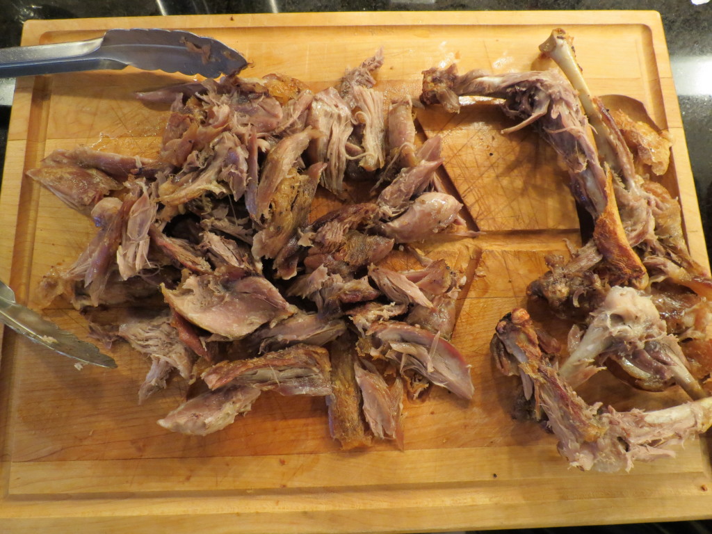Duck legs release their meat very easily after a good roasting in the oven.