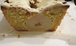 Cardamom cake with whole pears and white chocolate